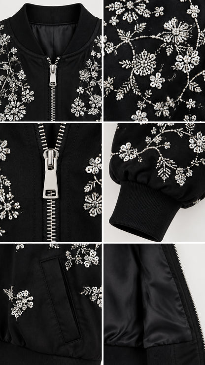 Close-up details of metallic zipper, intricate floral embroidery, ribbed cuff, and lining