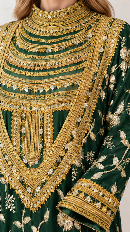 Close-up detail of ornate gold metallic embroidery and trim along high neckline and cuffs