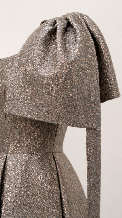 Close-up detail of textured metallic jacquard fabric and pleated capelet sleeve