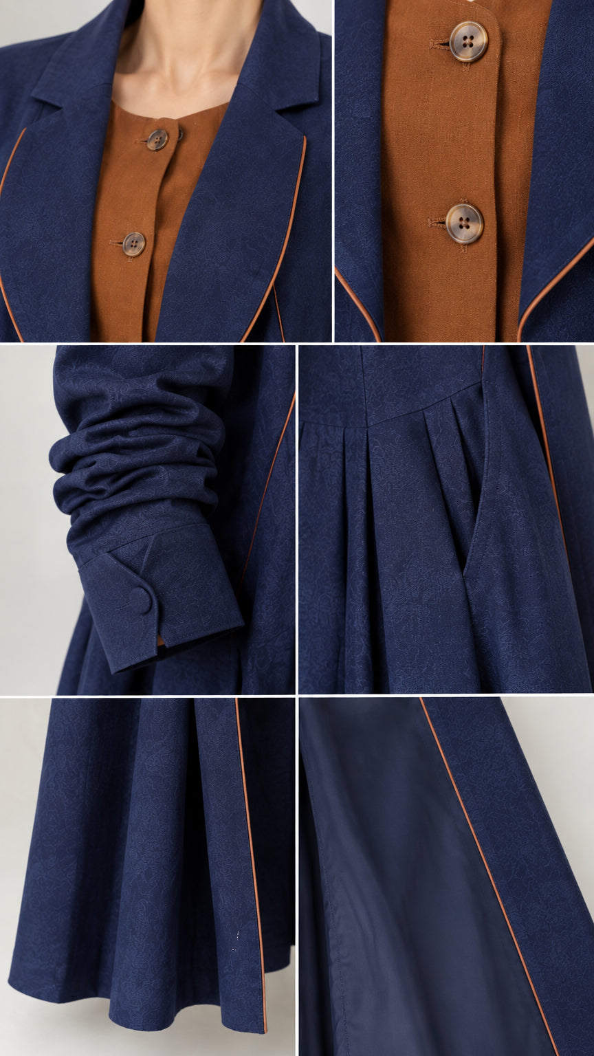 Close-up details of collar piping, buttoned cuffs, and side pockets