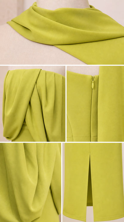 Close-up details of dress fabric, neckline scarf, and bodice draping
