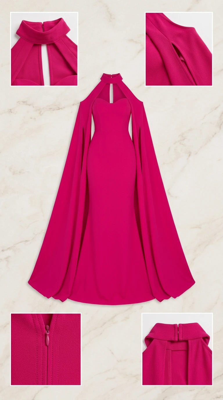 Detail flat lay and construction close-ups of fuchsia cape evening gown
