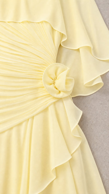 Close-up detail of pleated ruching and fabric rosette accent on Pale Yellow dress