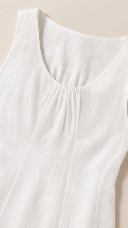 Close-up detail of neckline and textured fabric