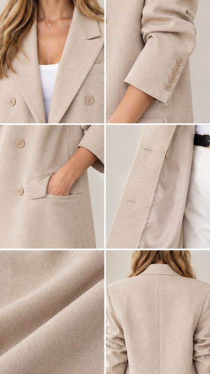 Close-up details of beige coat lapels, cuffs, flap pocket, and woven texture