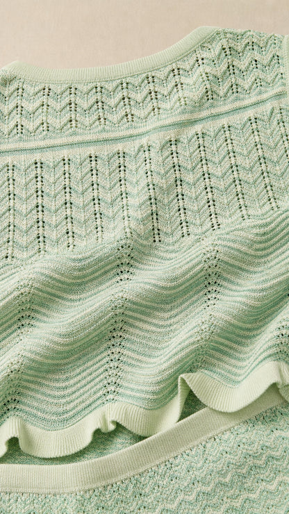 Close-up detail of mint chevron knit texture and lettuce hem