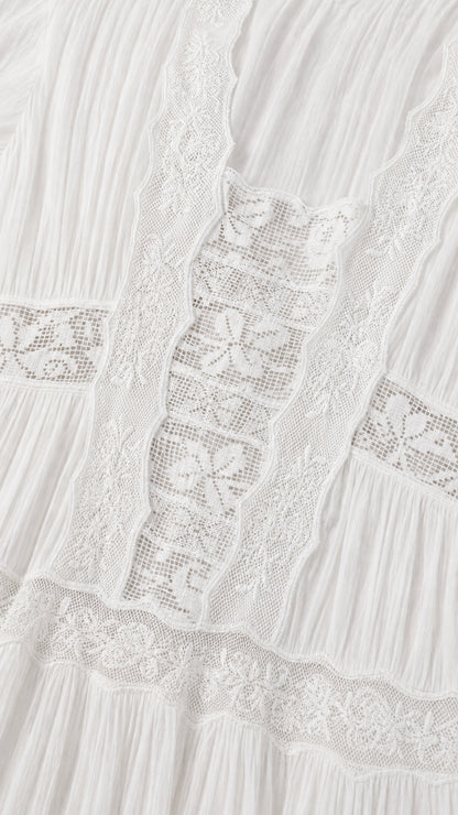Close-up detail of white fabric texture and crochet lace panels