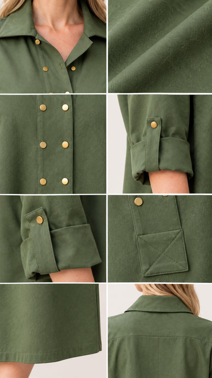 Close-up details of collar, buttons, roll-tab cuff, and pockets on olive green dress