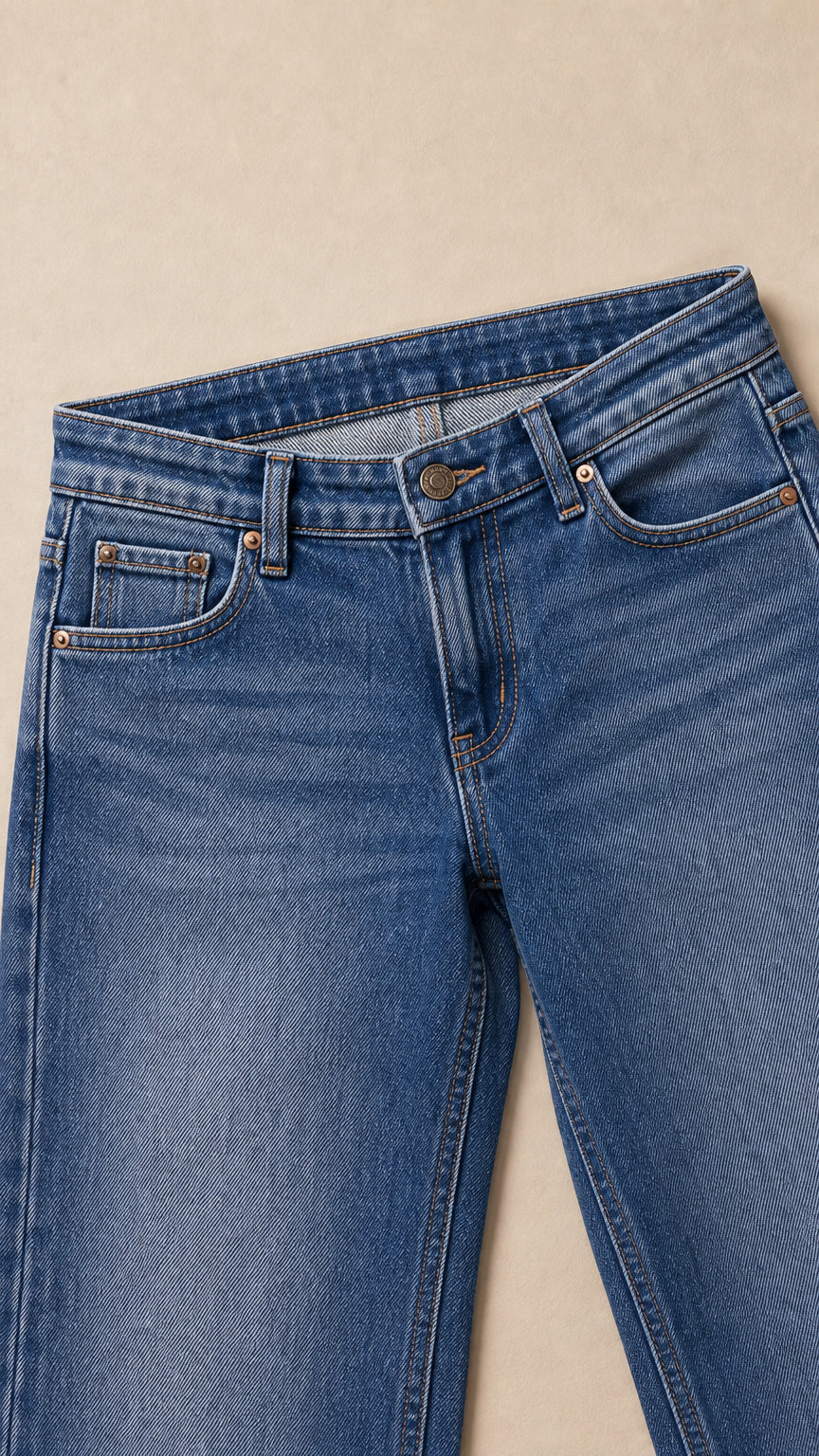 Close-up of the waistband, button closure, belt loops, front pocket, and denim texture