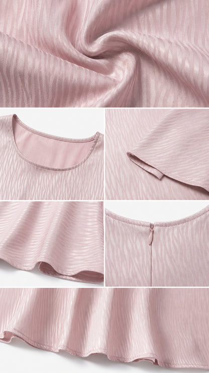 Close-up details of fabric, neckline, and sleeves of pink maxi dress