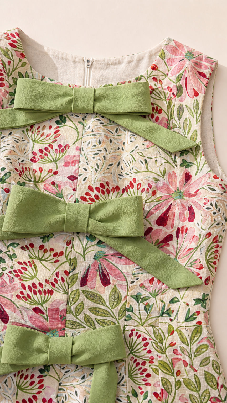 Close-up detail of front bow accents and floral jacquard texture