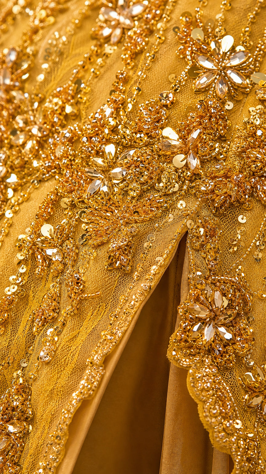 Close up detail of intricate gold beadwork and high slit