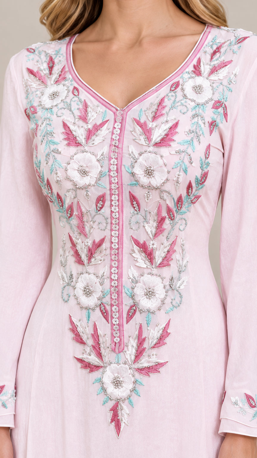 Close-up detail of intricate floral embroidery and V-neckline on Light Pink dress