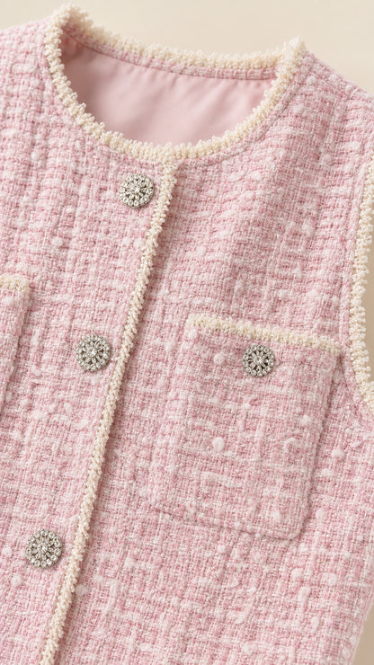 Close-up detail of pearl trim and jeweled buttons on pink tweed dress