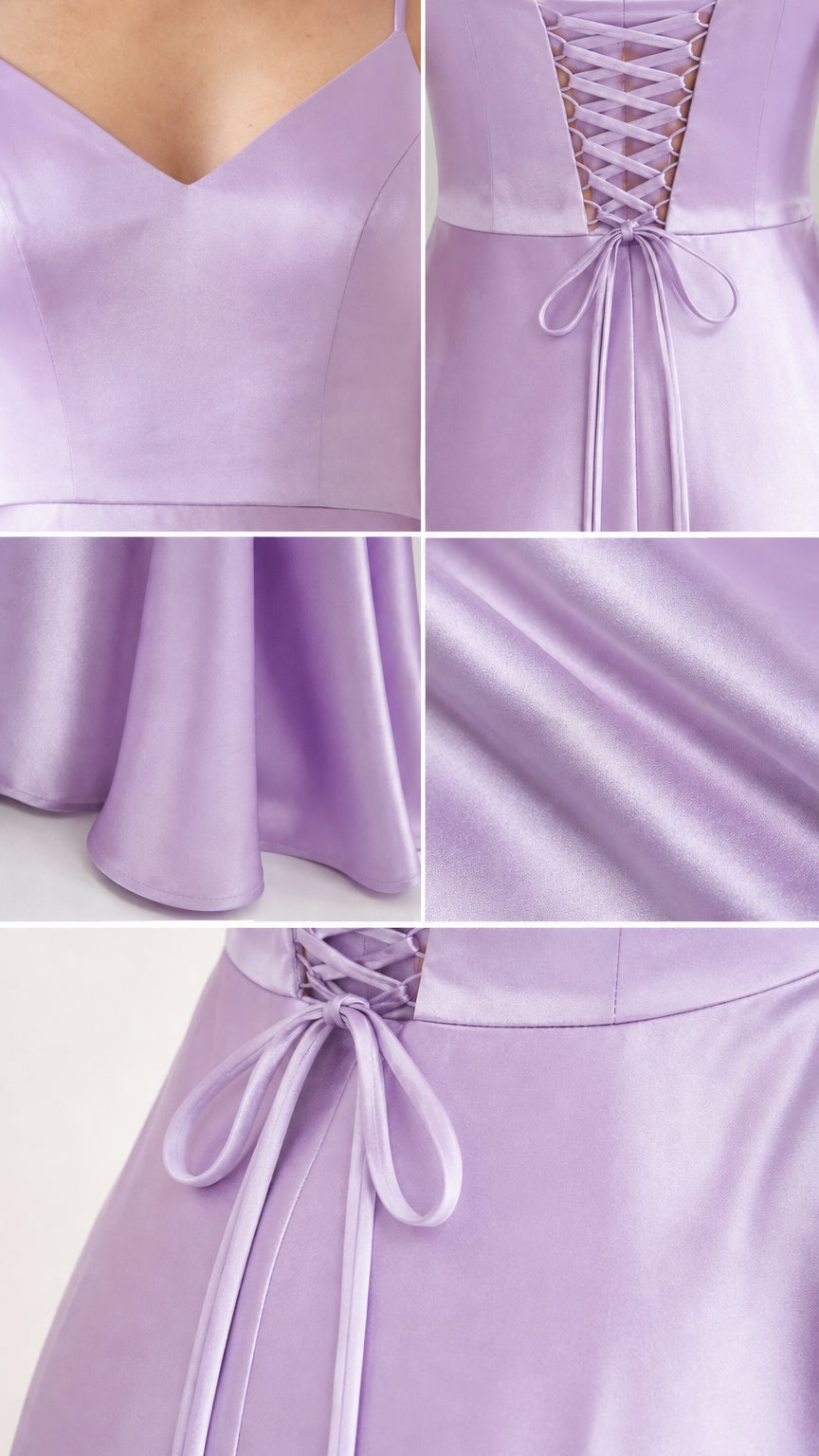 Close-up collage of neckline, lace-up corset back, hemline, and silky satin fabric in lilac
