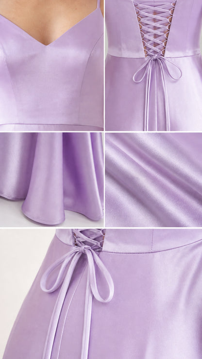 Close-up collage of neckline, lace-up corset back, hemline, and silky satin fabric in lilac