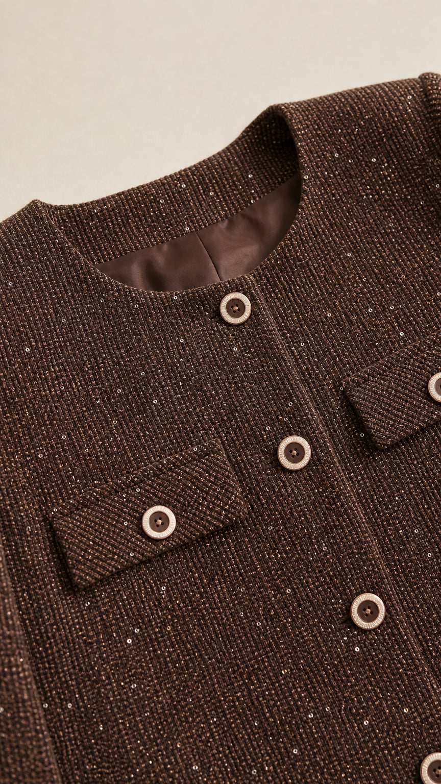 Close-up detail of textured brown tweed fabric, contrasting buttons, and pocket flap
