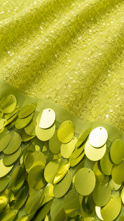 Close-up detail of lime green micro sequins and hanging coin paillettes
