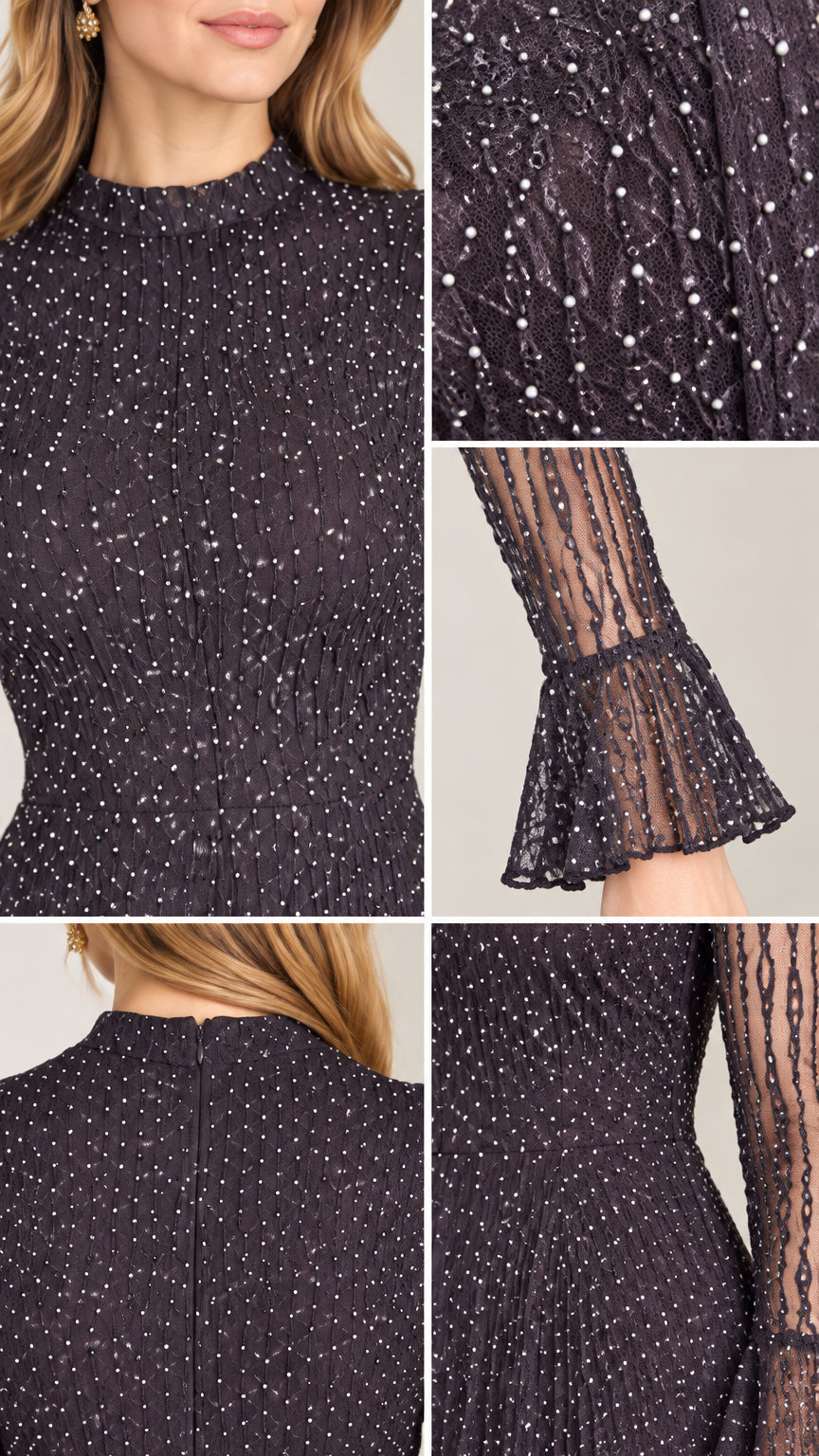 Detailed close-up views of fabric sparkle, mock neckline, and flounce cuff details