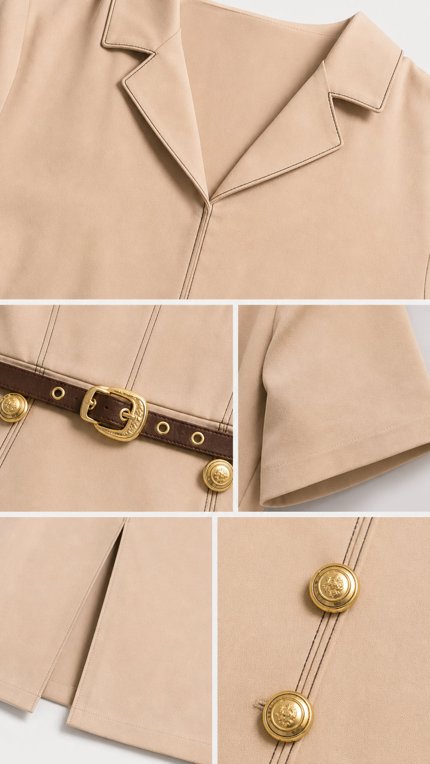 Close-up details of notch lapel collar, belt buckle, short sleeve cuff, and gold crest buttons