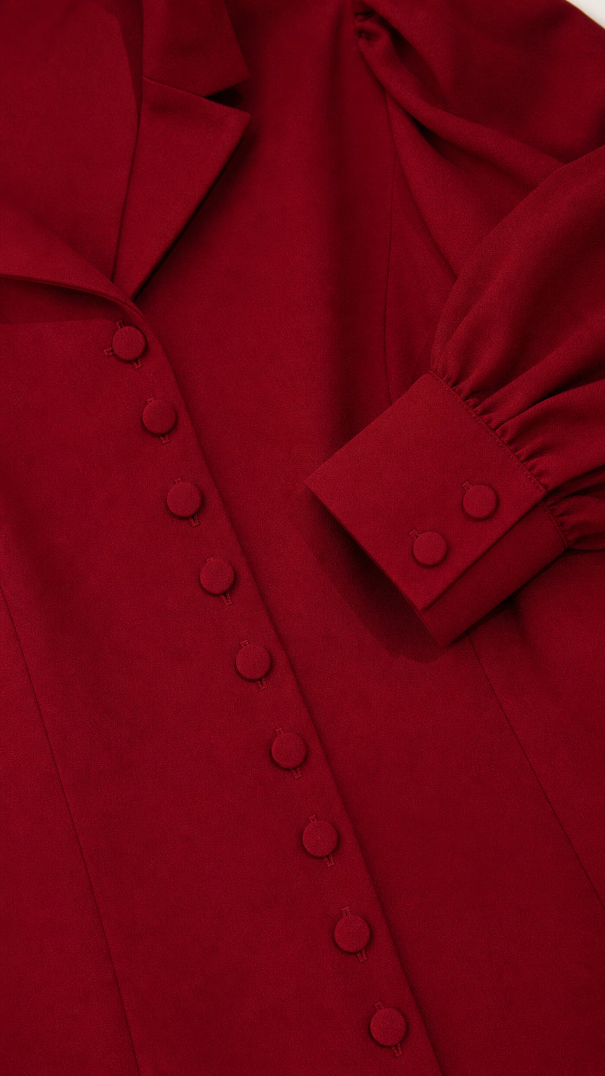 Close-up detail of lapel collar, buttons, and sleeve cuff on burgundy dress