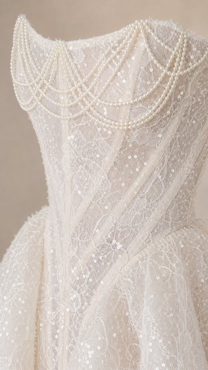 Close up of bodice with pearl draping and lace detail on white dress