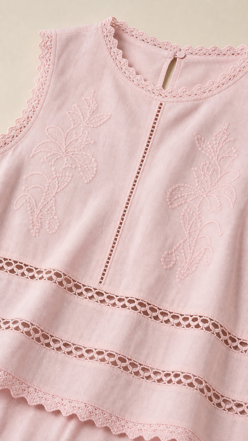 Close-up detail of embroidery and cutwork lace on pink top