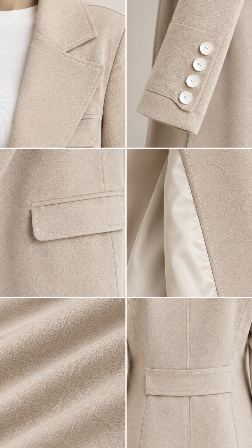 Close-up detail composite showing the lapel, buttoned cuffs, flap pocket, lining, and textured fabric