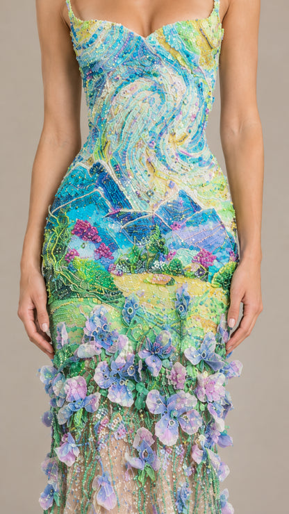 Close-up detail of intricate beading, landscape embroidery, and 3D flower petals on bodice