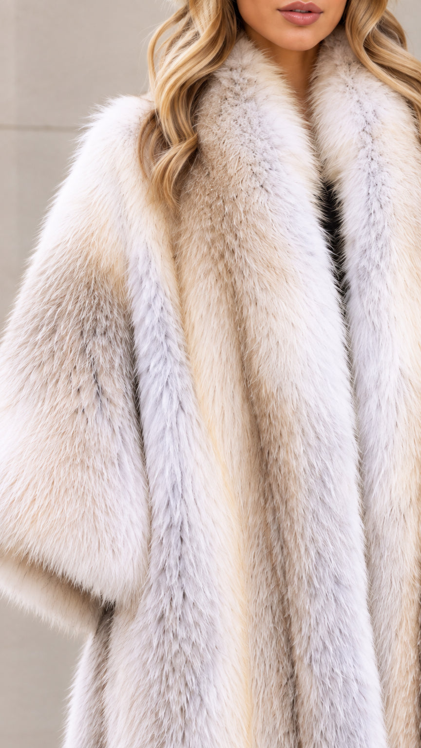 Close-up detail of soft, multi-tonal silver grey faux fur collar