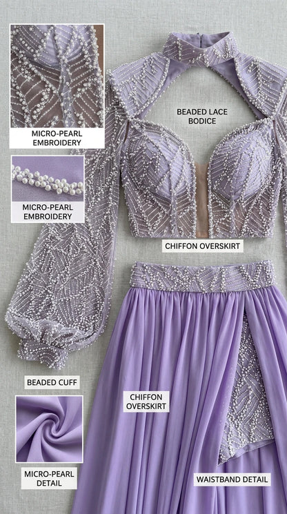 Detailed flat lay of lavender beaded lace bodice and chiffon overskirt fabric details