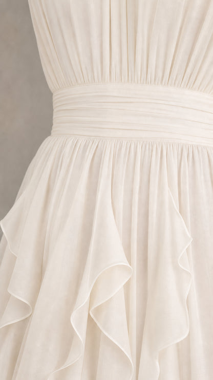 Close-up detail of pleated bodice and cascading ruffle skirt on white maxi dress