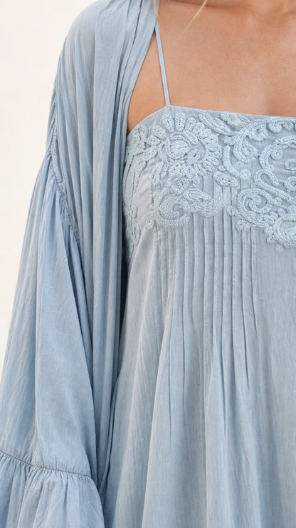 Close up of lace bodice and spaghetti straps on light blue dress