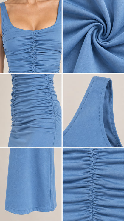 Detailed close-up collage of ruched fabric texture, stitching, and hemline