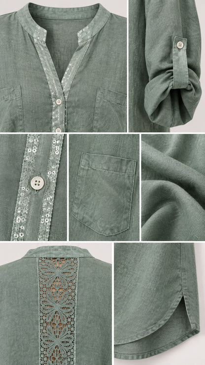Detailed close-ups of sequin placket trim, roll-tab sleeve, chest pocket, and lace back