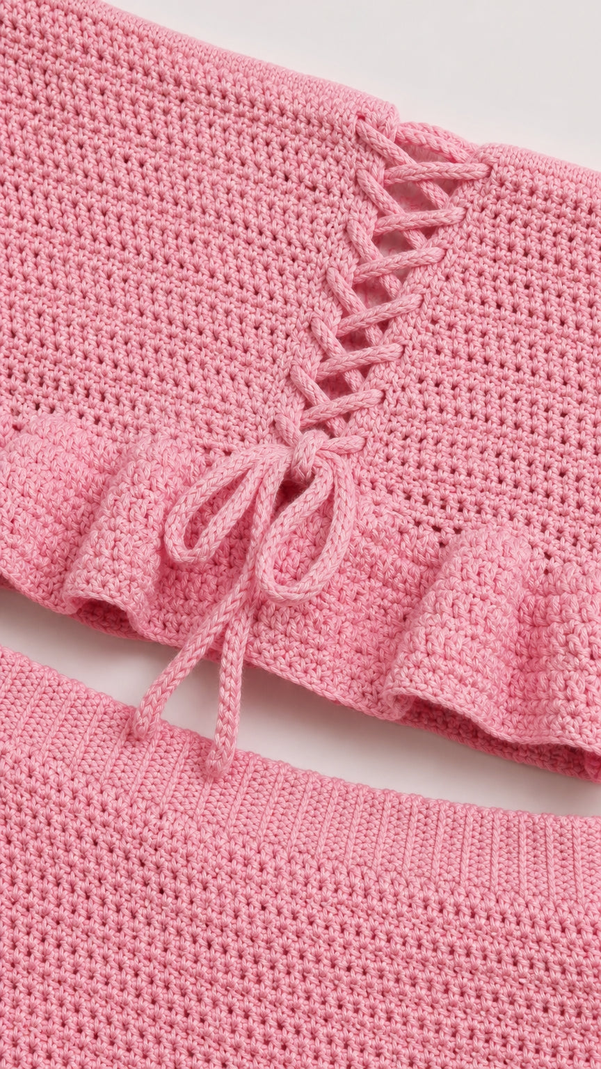 Close-up of pink crochet knit texture and lace-up back