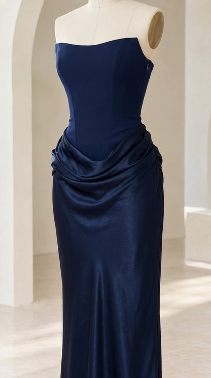 Navy Blue strapless satin dress draped waist detail on mannequin