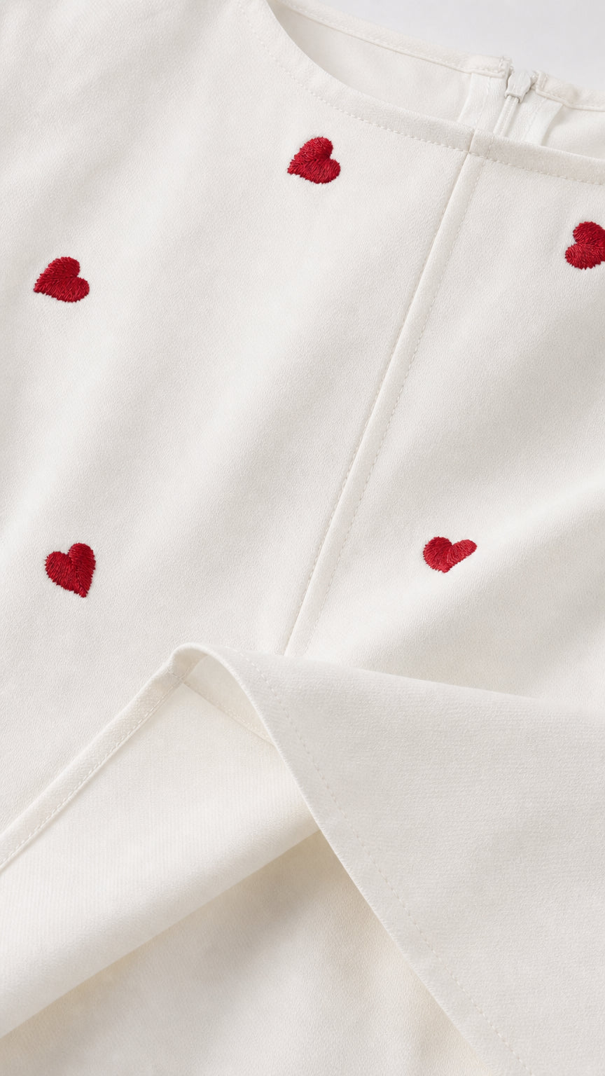 Close-up detail of smooth fabric and red heart embroidery on white background