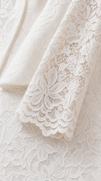 Close-up detail of white scalloped floral lace sleeve cuff and tailored lapel