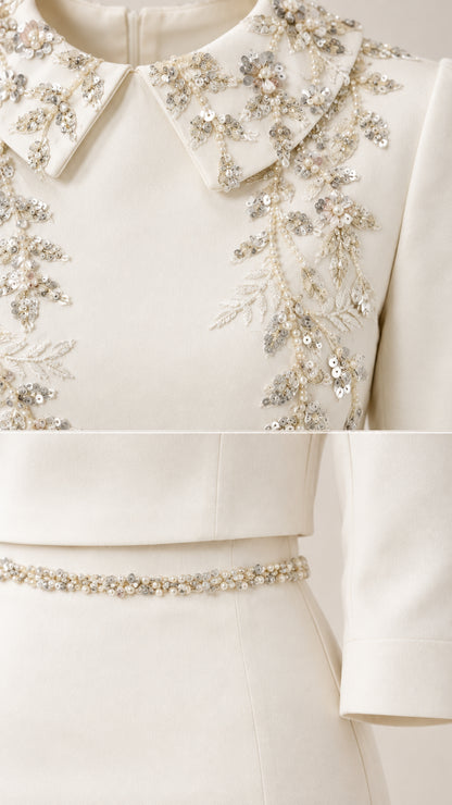 Close-up detail of beaded collar, sequin embroidery, and beaded waistline trim