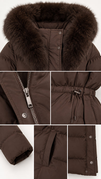 Detailed close-ups of hood faux fur, zipper closure, waist drawstring, cuff, and pockets