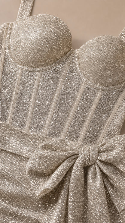 Close-up of textured glitter fabric, structured corset bodice, and side bow detail