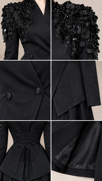 Close-up details of black 3D floral shoulder beading, covered buttons, and corset back