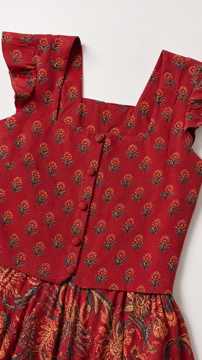 Close-up detail of Rust Red square neckline with front buttons and ruffle straps