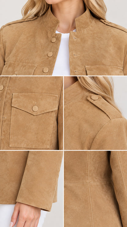 Close-up details of collar, shoulder epaulets, and chest flap pocket on Camel jacket
