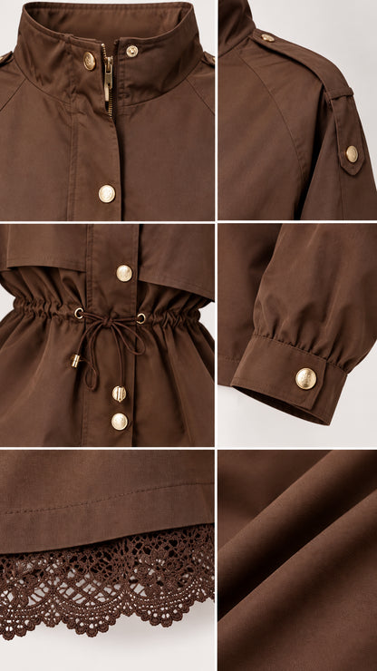 Close-up details of jacket collar, snap buttons, drawstring waist, button cuffs, and lace hem