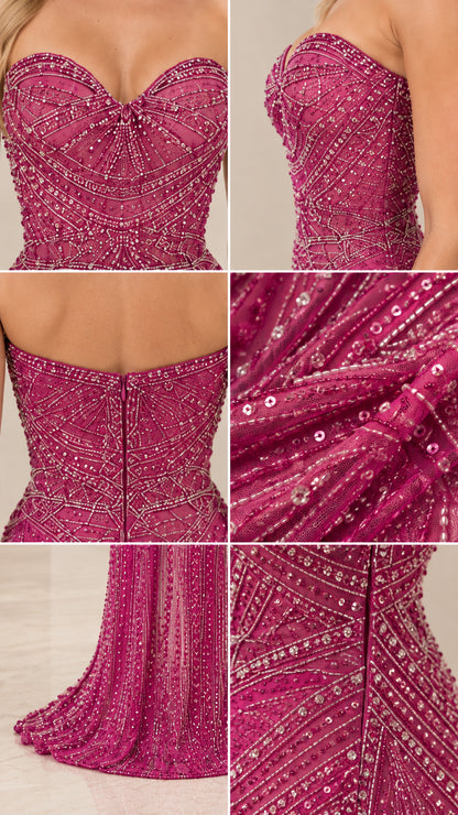 Close-up details of intricate beadwork, sweetheart neckline, and hemline