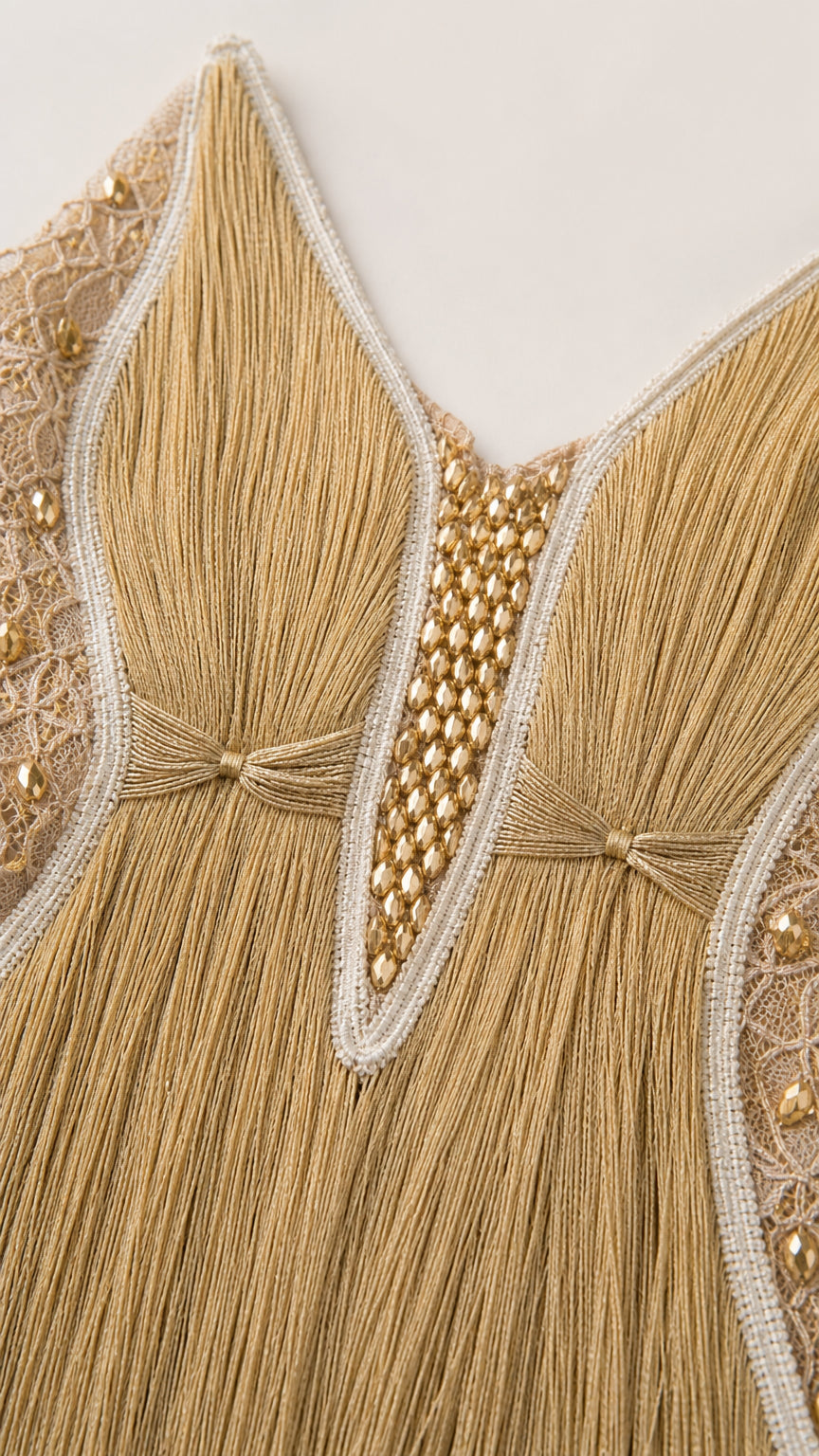 Close-up detail of V-neckline, white trim, and gold beadwork