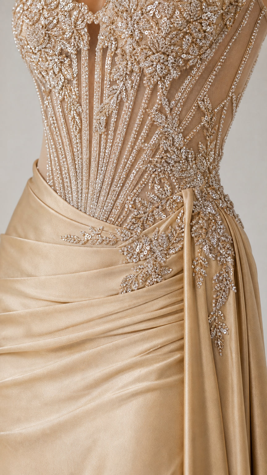 Close-up detail of crystal embellishments on bodice and draped satin skirt