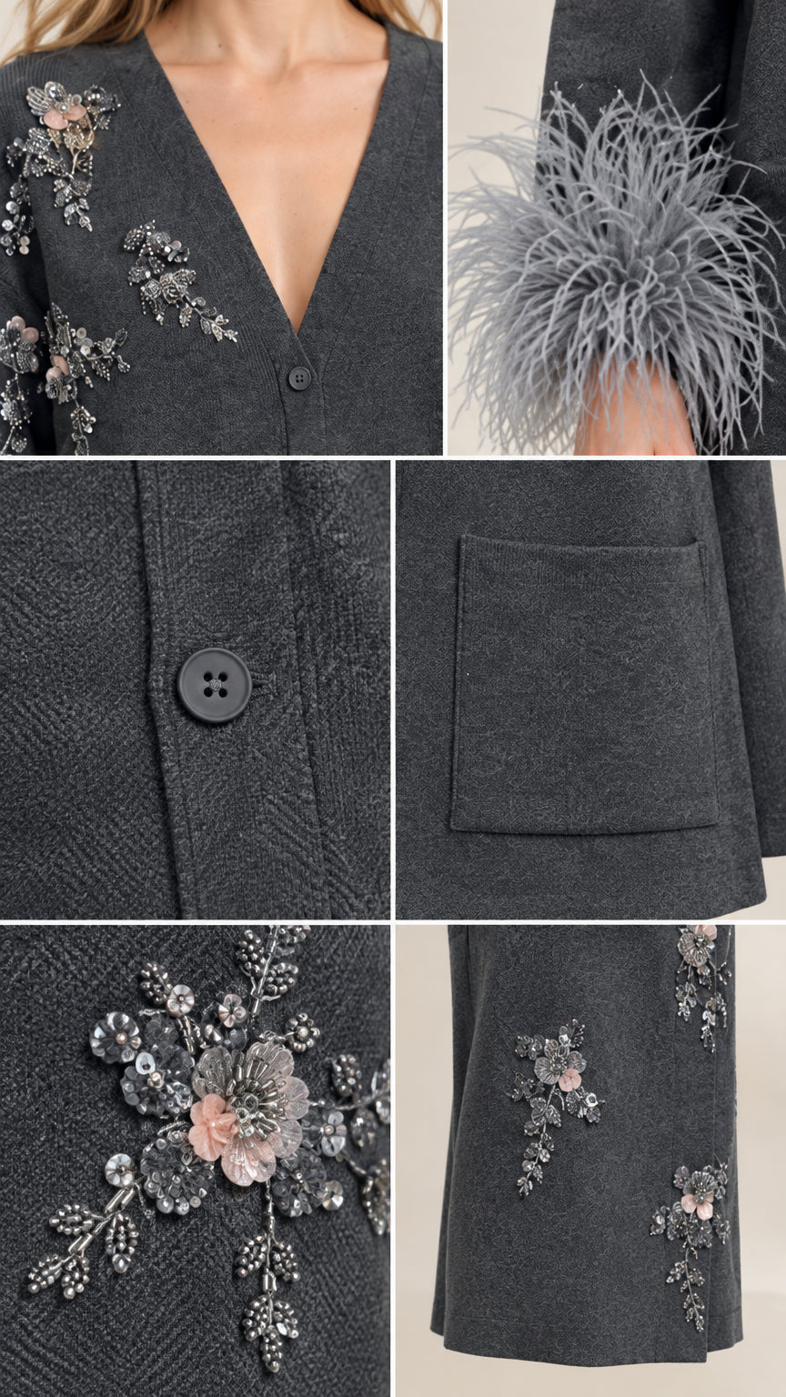 Close-up detail of V-neckline, floral beadwork, feather trim, and pocket on knit set
